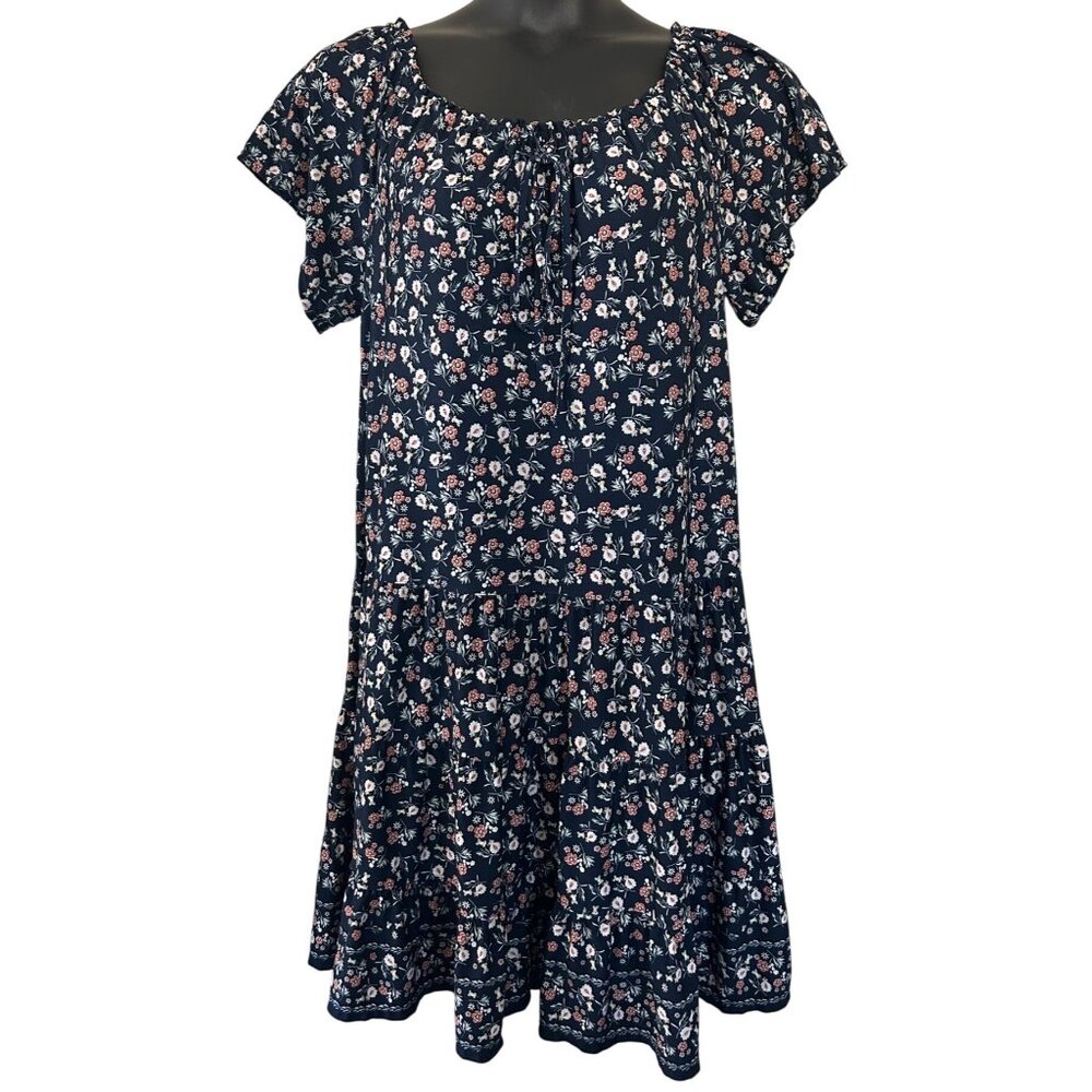 Max Studio Navy Floral Short Sleeve Ruffle Hem Dress XL 94% Polyester 6% Spandex